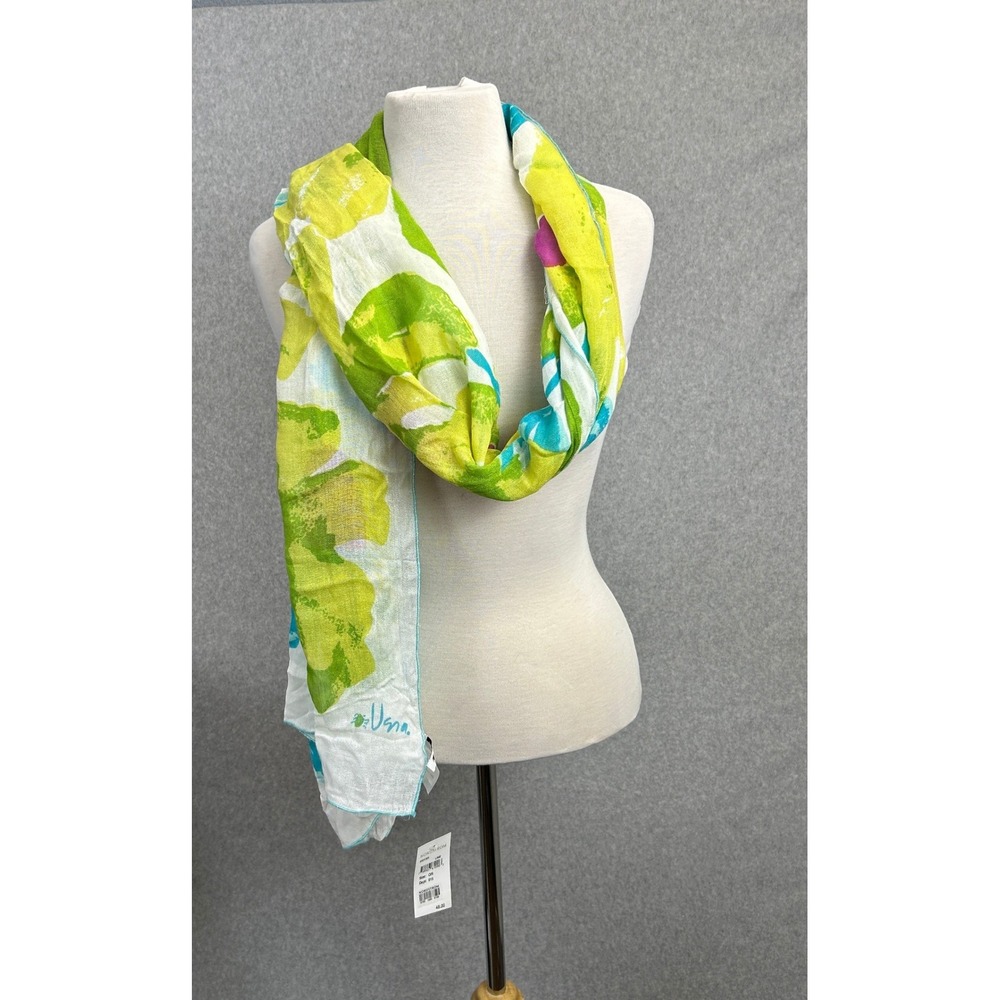 Vera Neumann Scarf Lime Green Floral Blue Pink Rayon Lightweight Wrap Spring NWT